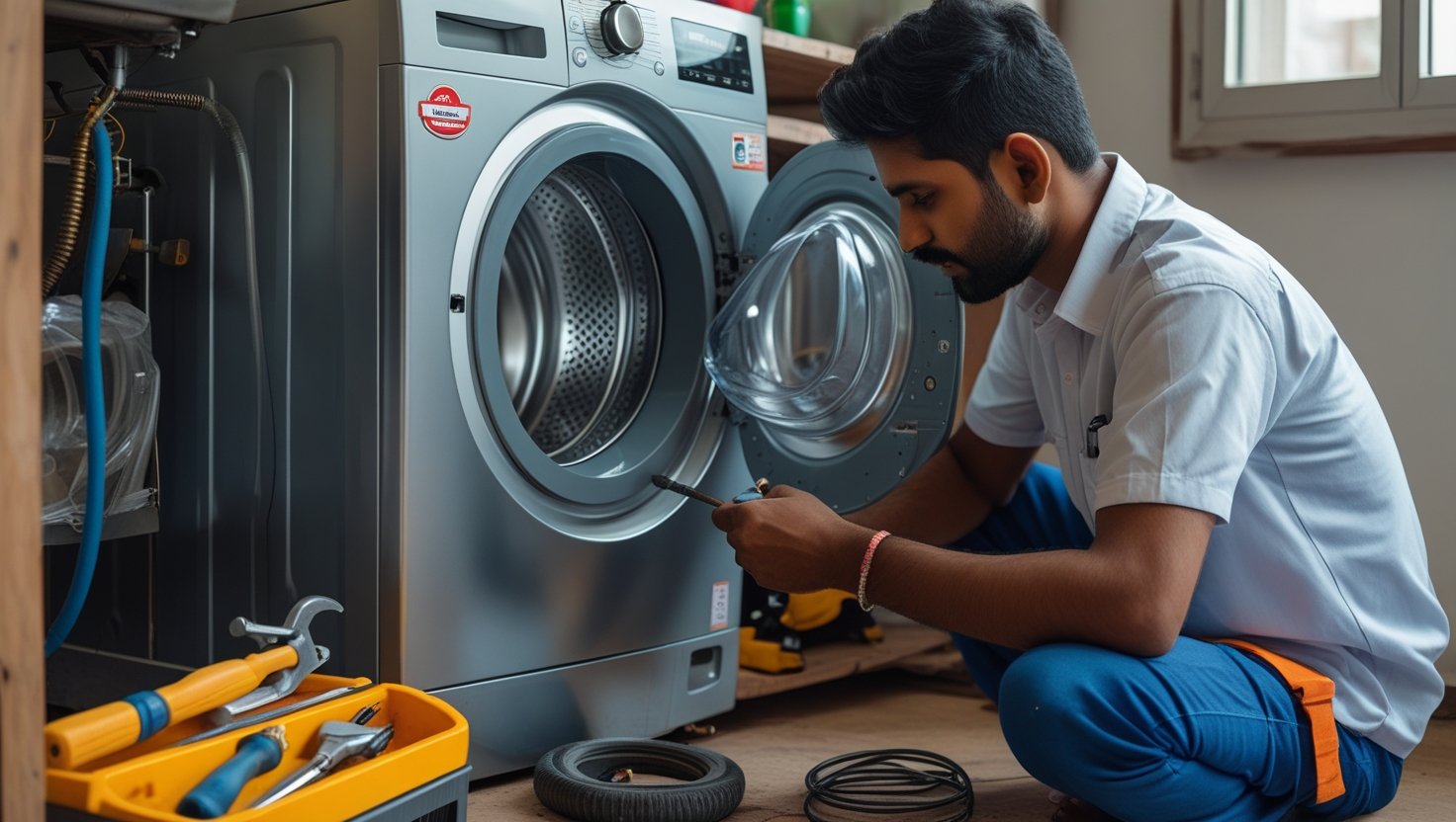 Technician repairing washing machine